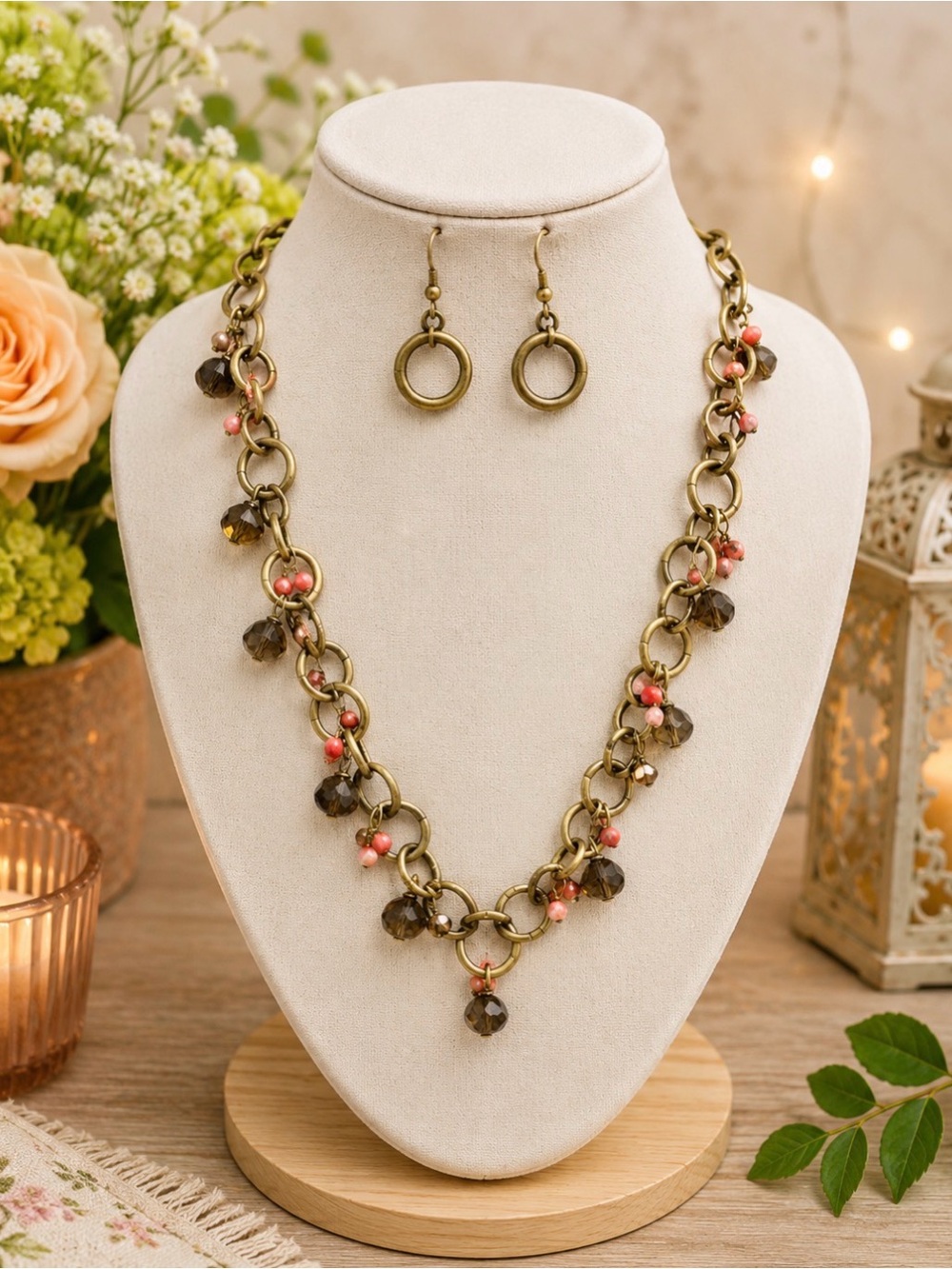 Bronze tone pink & brown beaded necklace & earring set